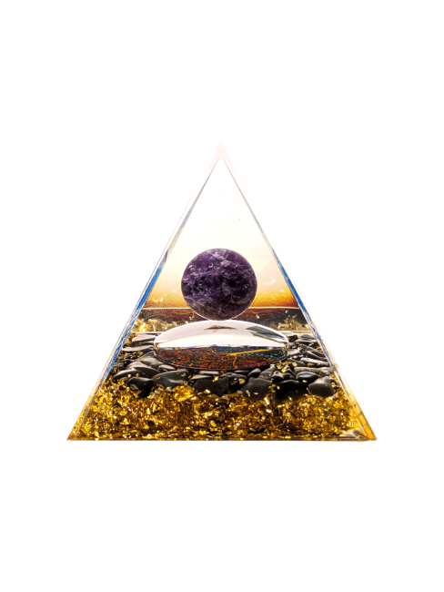 Orgonit-Pyramide, Amethyst  &  schwarzer Obsidian, Baum des Lebens