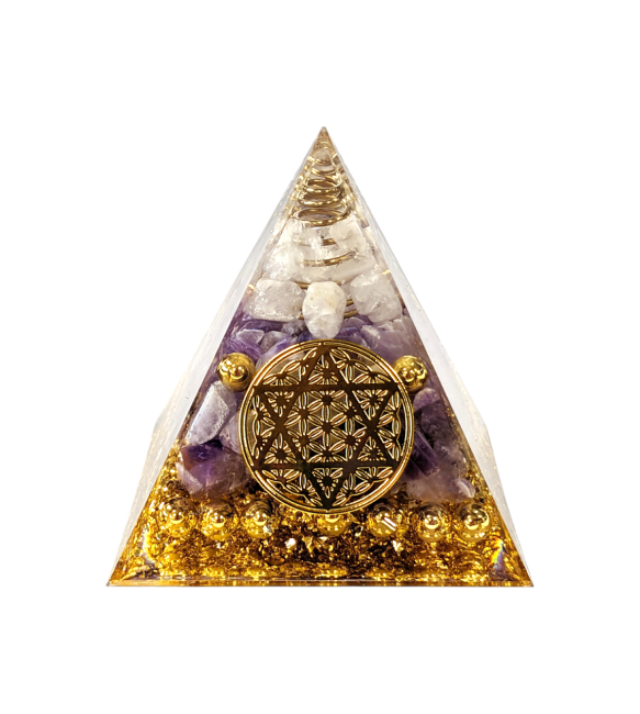Orgonit-Pyramide, Bergkristall & Amethyst, Blume des Lebens, Pentagramm