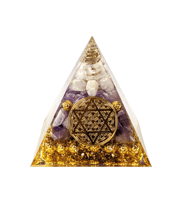 Orgonit-Pyramide, Bergkristall & Amethyst, Blume des Lebens, Pentagramm