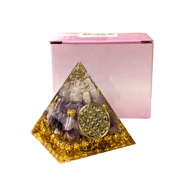 Orgonit-Pyramide, Bergkristall & Amethyst, Blume des Lebens, Pentagramm