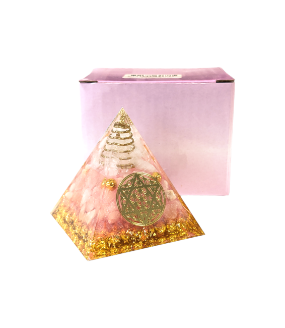 Orgonit-Pyramide, Bergkristall & Rosenquarz, Blume des Lebens, Pentagramm