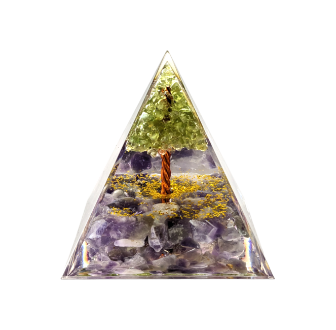 Orgonit-Pyramide, Amethyst & Peridot, Baum des Lebens