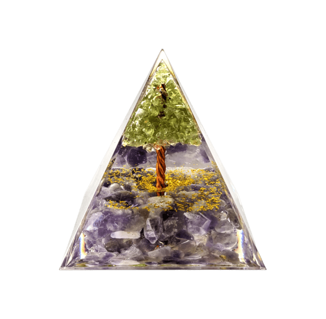 Orgonit-Pyramide, Amethyst & Peridot, Baum des Lebens