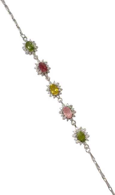 Mehrfarbiges AA-Turmalin-Armband mit Blumen und Strasssteinen aus 925er Silber