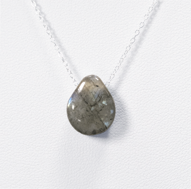 Halsketten aus 925er Silber, durchbohrter Stein, Labradorit A+, 14 mm