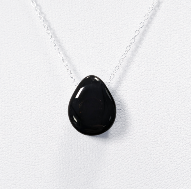 Halsketten aus 925er Silber, schwarzer Obsidian, durchbohrter Stein A, 14 mm