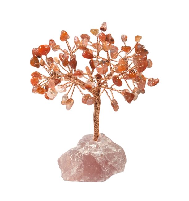 Baum des Lebens, roter Achat auf Rosenquarz-Druse, 12–13 cm