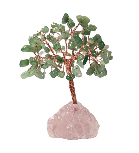 Baum des Lebens, grüner Aventurin auf Rosenquarz-Druse, 12–13 cm