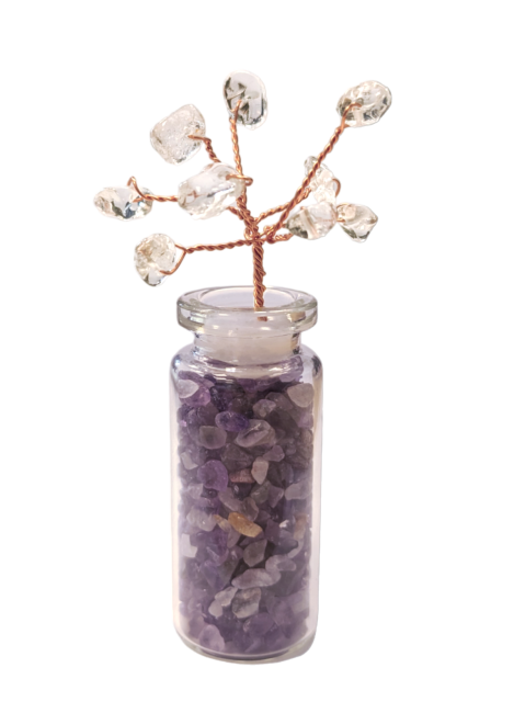 Baum des Lebens Bergkristall auf Fläschchen mit Amethystsplittern, 8 cm