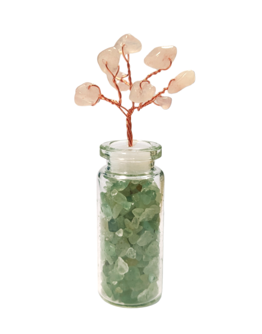 Baum des Lebens Rosenquarz auf Fläschchen mit grünen Aventurin-Chips 8 cm