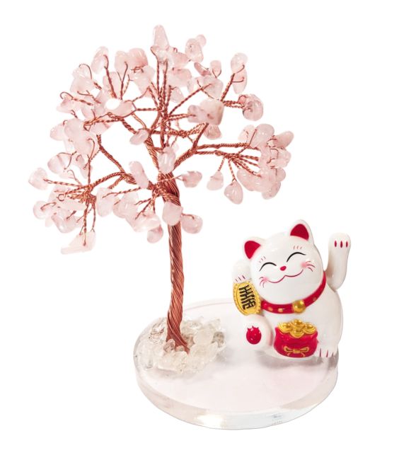Lebensbaum aus Rosenquarz mit Manekineko