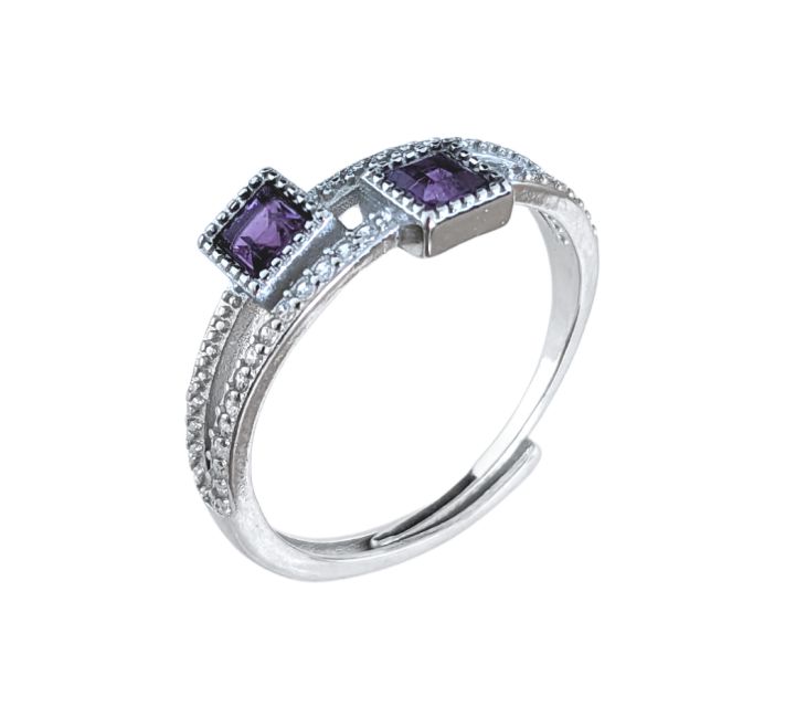 Facettierter quadratischer Ring aus weißem Kupfer, verstellbarer Amethyst AA