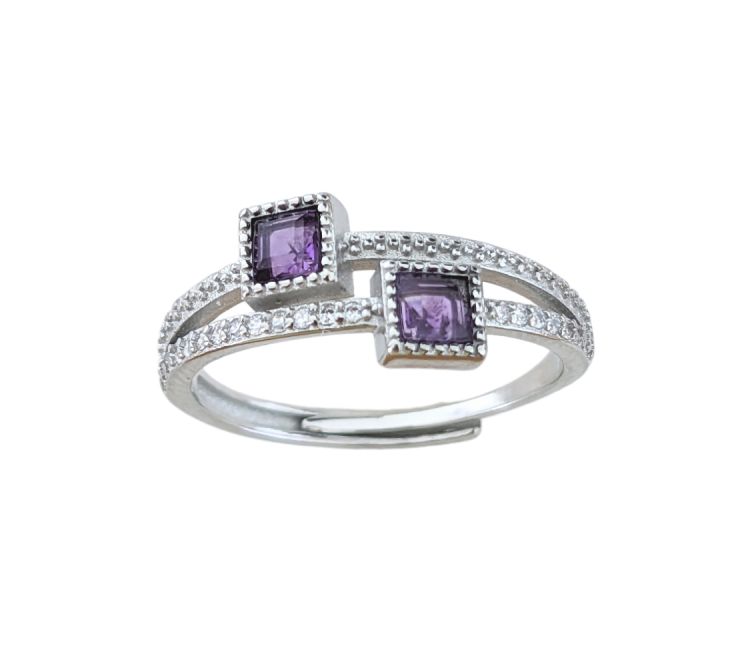 Facettierter quadratischer Ring aus weißem Kupfer, verstellbarer Amethyst AA