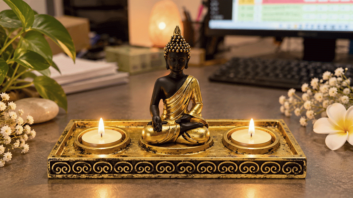Weihrauch bei Kerzenhalter Buddha Meditation Gold und Schwarz aus Harz 22 cm|de