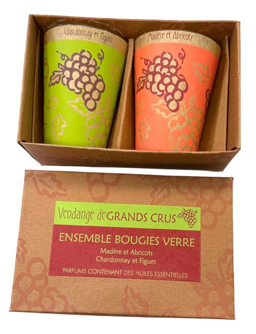 Schachtel mit 2 Maroma-Kerzen aus Madeira-Glas und Aprikosen - Chardonnay und Feigen 70 g