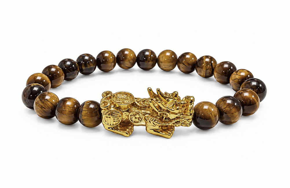 Weihrauch bei Tigerauge A Armband mit Goldfarbenem Pixiu und Runden Perlen 8 mm