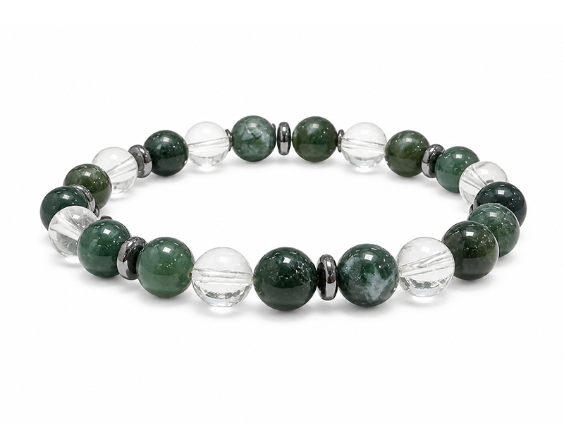 Bergkristall- und Moosachat-Armband AA 8mm Perlen