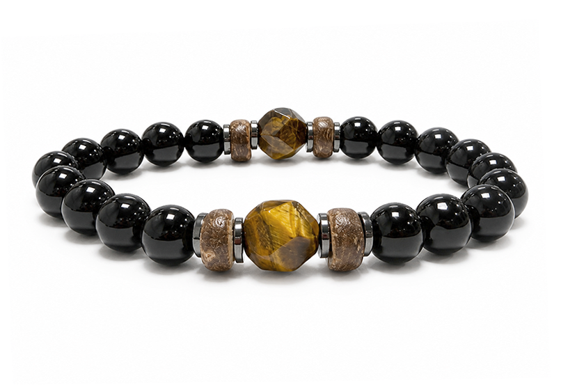 Schwarzer Onyx- und Tigerauge-Armband A 8mm Perlen