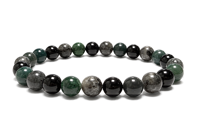 Larvikit-, Moosachat- und Schwarzer Onyx-Armband A 8mm Perlen