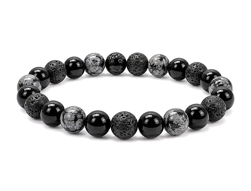 Schneeflockenobsidian-, Lavastein- und Schwarzer Onyx-Armband A 8mm Perlen