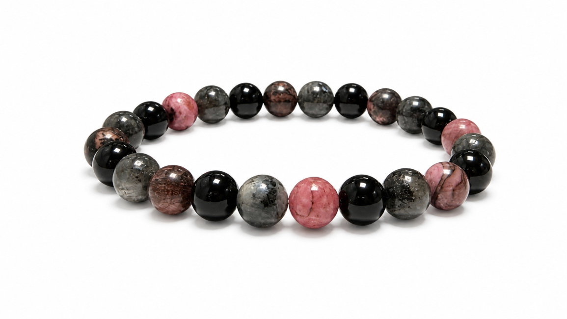 Rhodonit-, Larvikit- und Schwarzer Onyx-Armband A 8mm Perlen