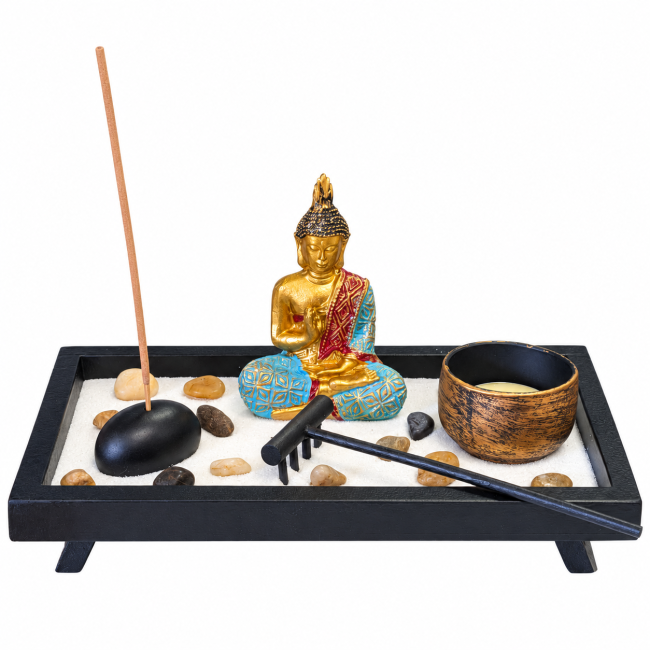 Weihrauch bei Zen-Garten mit Buddha, Räucherstäbchen und Kerze 20,5 cm