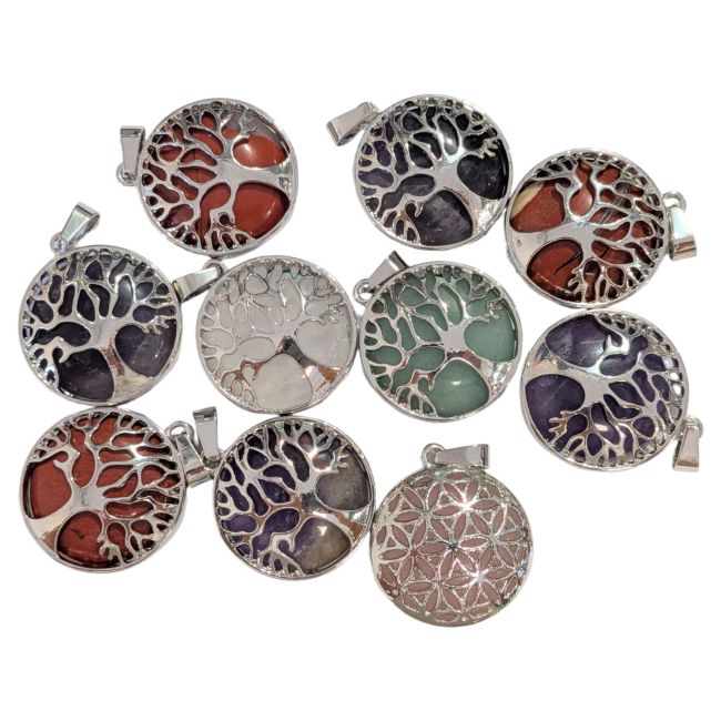 Set mit 10 Metallanhängern – Lebensbaum und Blume des Lebens