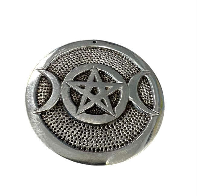 Runder Räucherstäbchenhalter aus weißem Metall Pentacle Altar dreifacher Mond cm