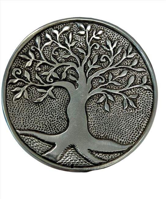 Runder Räucherstäbchenhalter aus weißem Metall Relief Baum des Lebens 12,5 cm
