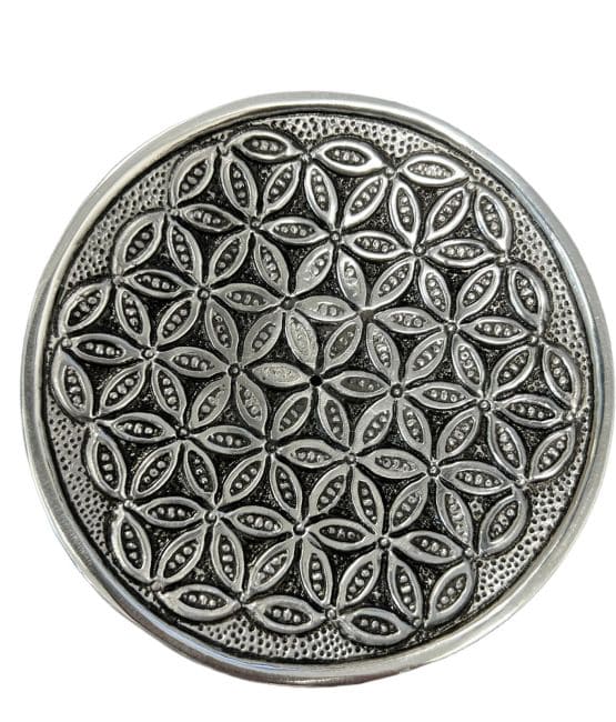 Runder Räucherstäbchenhalter Blume des Lebens aus weißem Metall Relief 11cm