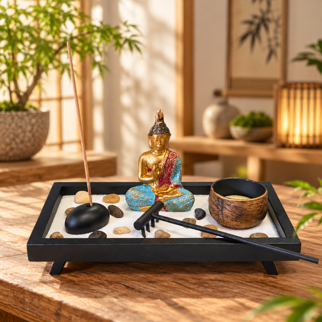 Weihrauch bei Zen-Garten mit Buddha, Räucherstäbchen und Kerze 20,5 cm|de