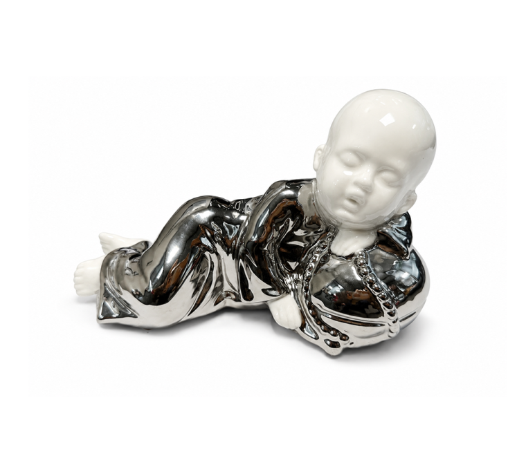 Weihrauch bei Liegende buddhistische Mönchsfigur aus Keramik Weiß und Silber 18cm