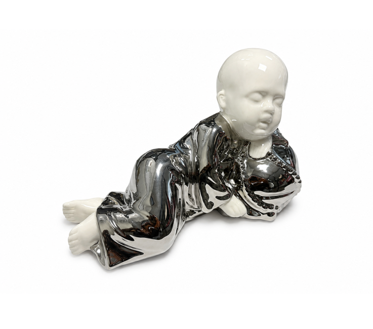 Weihrauch bei Liegende buddhistische Mönchsfigur aus Keramik Weiß und Silber 18cm|de