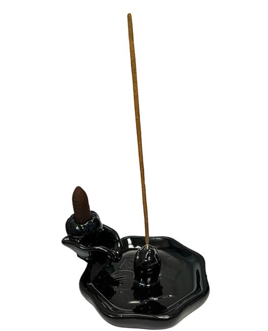 Rückfluss-Räucherstäbchenhalter aus schwarzer Keramik, Lotusblüten, 13 cm