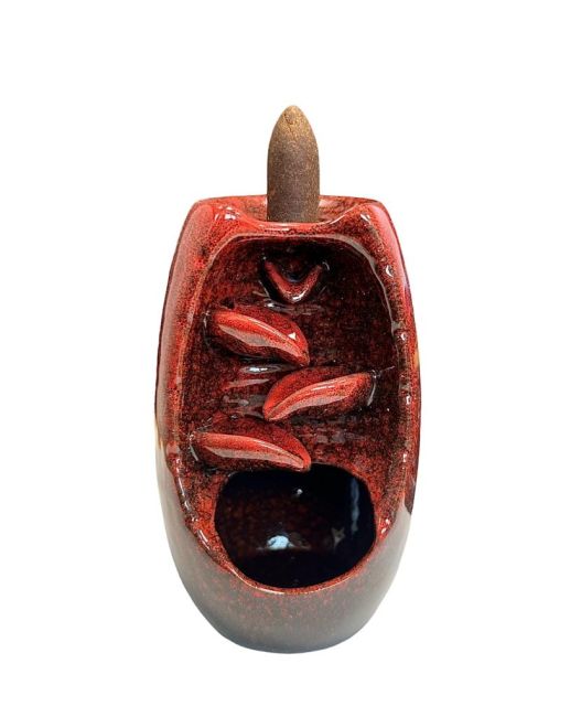 Rückfluss-Räucherstäbchenhalter aus roter Keramik, Kaskade aus Blättern, 13 cm