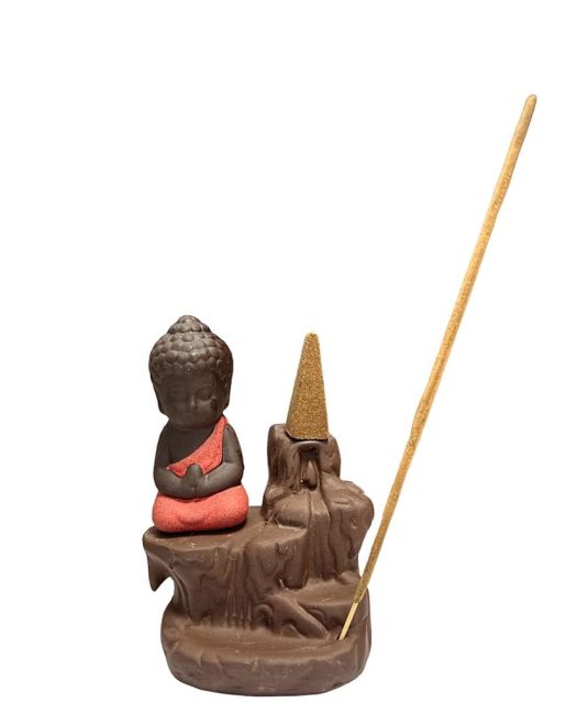 Roter Buddha-Rückfluss-Räucherstäbchenhalter aus Keramik, 12 cm