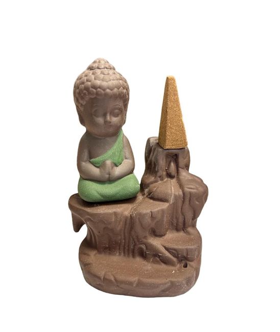 Rückfluss-Räucherstäbchenhalter aus Keramik mit grünem Buddha, 12 cm