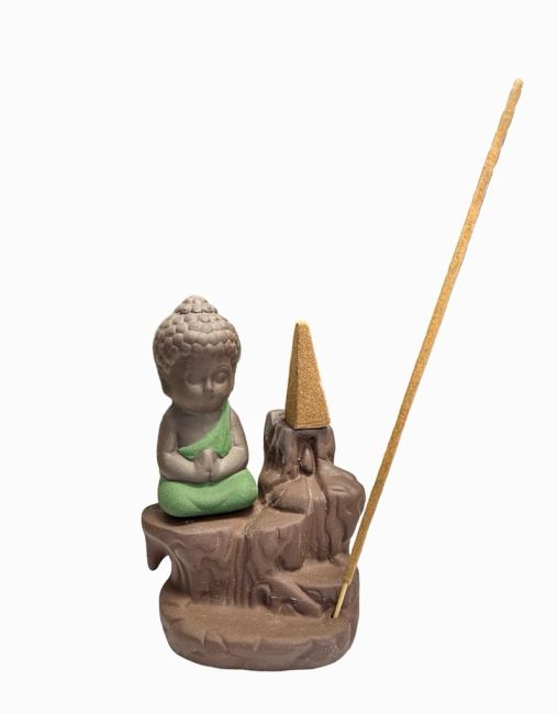 Rückfluss-Räucherstäbchenhalter aus Keramik mit grünem Buddha, 12 cm