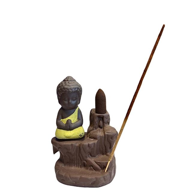 Gelber Buddha-Keramik-Rückfluss-Räucherstäbchenhalter, 12 cm