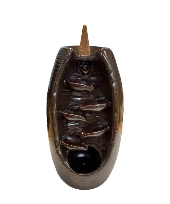 Braun-goldener Keramik-Rückfluss-Räucherstäbchenhalter, Blätterkaskade, 20 cm