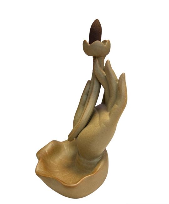 Rückfluss-Räucherstäbchenhalter, beige Keramik, Hand des Buddha – Lotus, 16 cm