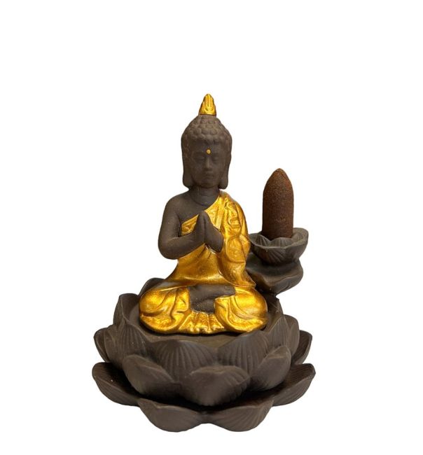 Backflow Buddha Gold Räucherstäbchenhalter – Lotusblume 11 cm