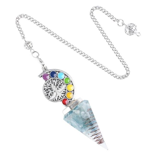 Aquamarin-Orgonit-Pendel, Lebensbaum, 7 Chakren, 6-seitig