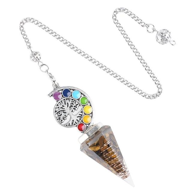 Orgonit-Pendel Tigerauge Lebensbaum 7 Chakren 6 Seiten