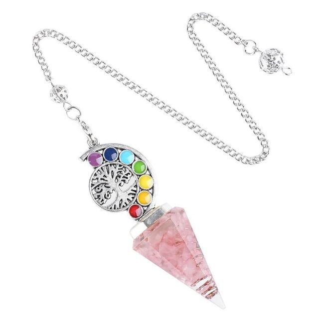 Orgonit-Pendel Rosenquarz Lebensbaum 7 Chakren 6 Seiten