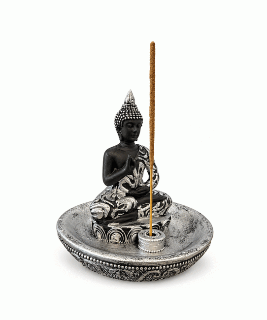 Weihrauch bei Räucherstäbchenhalter Buddha Abhaya Silbern aus Harz 10 cm|de
