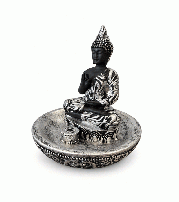 Weihrauch bei Räucherstäbchenhalter Buddha Abhaya Silbern aus Harz 10 cm