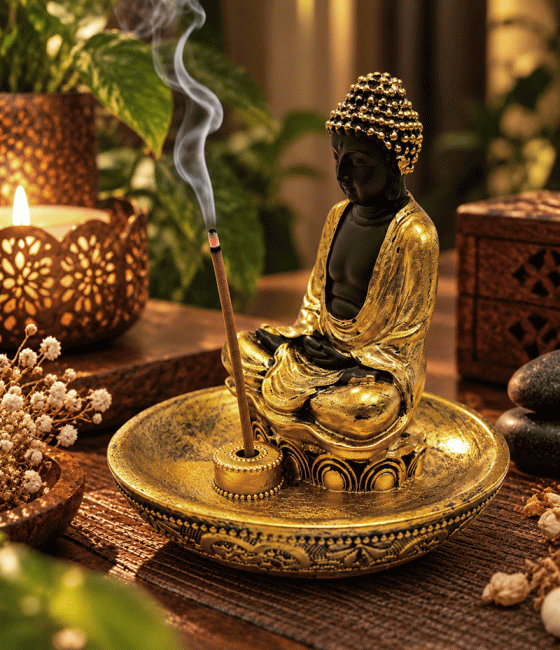 Weihrauch bei Buddha-Räucherstäbchenhalter Meditation Vergoldet aus Kunstharz 11 cm|de