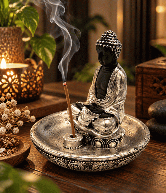 Weihrauch bei Buddha-Räucherstäbchenhalter Meditation Vergoldet aus Kunstharz 11 cm|de