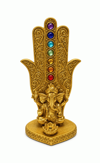 Weihrauch bei Räucherstäbchenhalter Hand der Fatima Ganesha 7 Chakren Golden aus Harz 16 cm